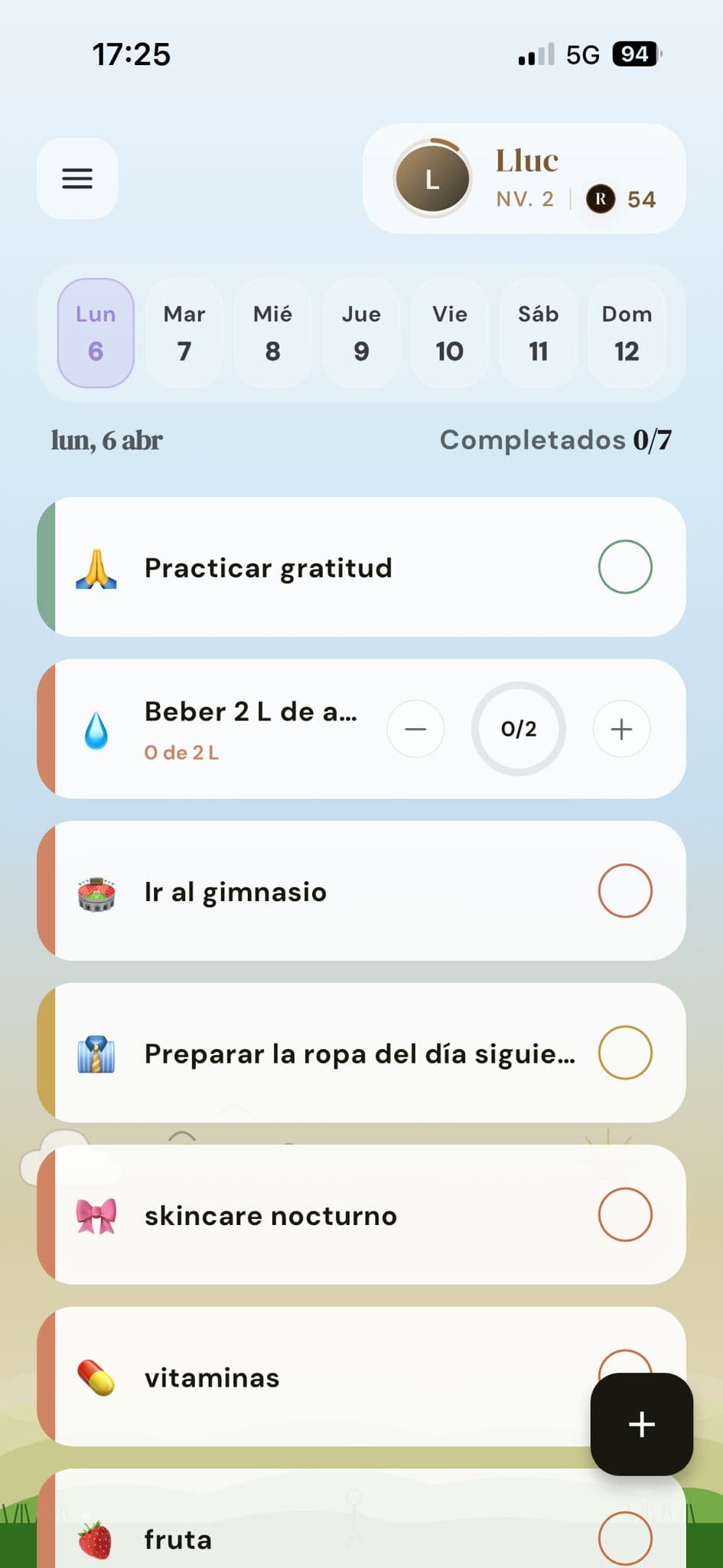 Pantalla diaria de Rutio con lista de hábitos para completar.