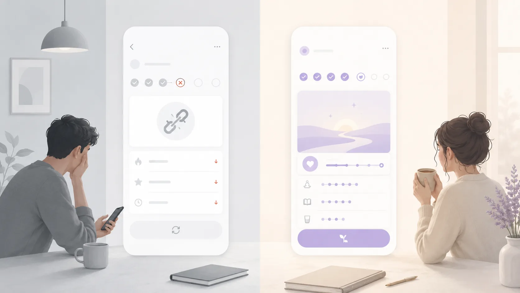 Comparativa visual entre una app de hábitos centrada en una racha rota y una experiencia más calmada de recuperación y progreso inspirada en Rutio.